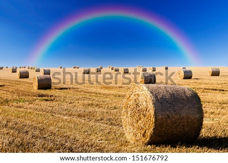 Straw bales on field in late summer and rainbow on blue sky