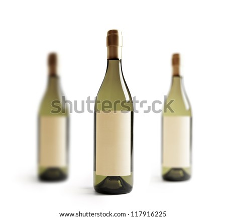 Three white wine bottle, with real paper blank label. Label is at eye ...