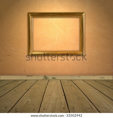 Wooden Picture Frames  Quotes on Grungy Orange Wall With Frame And Wooden Floor Stock Photo 33502942