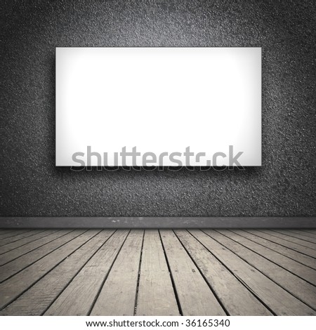 black room with wooden floor, with blank white board