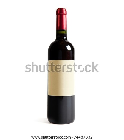 Red wine bottle, with real paper blank label. Isolated on white ...