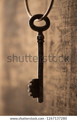 Solution concept image. Key hanging from wall. Key attached to ring hanging on a nail on a old grungy wooden wall.