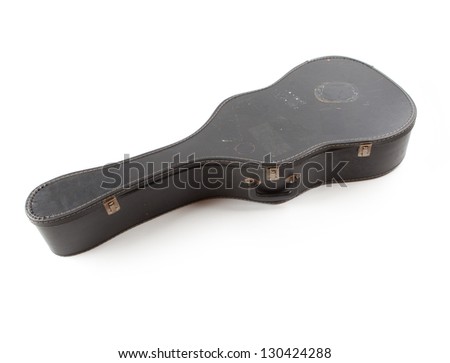 Old and used acoustic guitar case, in real life condition isolated on white.