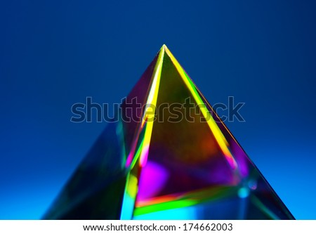 Refractions of light in a glass prism. Focus is on tip