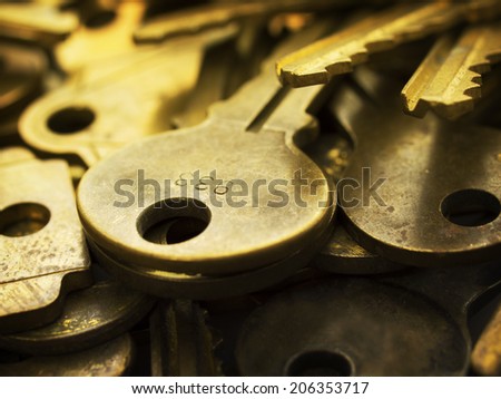 Many brass keys. Many brass keys extremely close up. Security and encryption, concept image. High magnification macro.