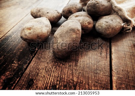 Fresh harvested potatoes spilling out of a burlap bag, on a rough wooden palette. Dirt or soil still on the potatoes. Intentionally shot in rustic/dramatic tone.