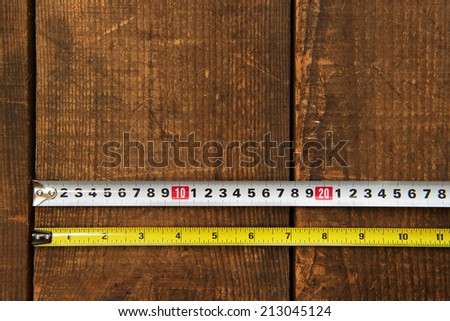 Inch measure and metric measure side by side, on a wooden work table. starting point is the same position.