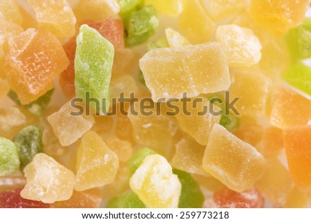 Dried fruits mix close-up. Tropical fruits dried. Shallow depth of field due to subject size.