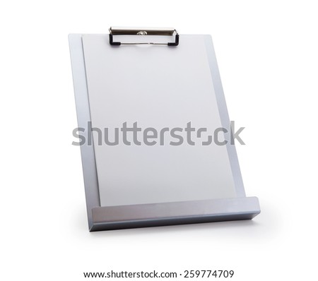 Silver vertical clipboard or paper stand, isolated on white. Focus is on the upper clipboard clip section.
