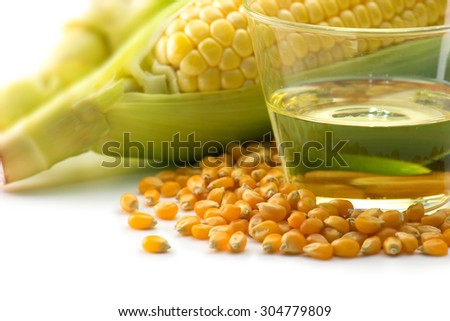 Raw corn, corn kernels and corn oil on white background. Corn in many forms of use.
