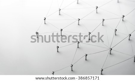Linking entities. Network, networking, social media, connectivity, internet communication abstract. Web of thin silver wires on white background.