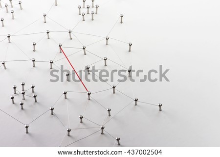 Linking entities. Hotline, VPN, tunneling, dedicated line, Network, networking, social media, connectivity, internet communication abstract. Fat red wire in a web of silver wires on white background.
