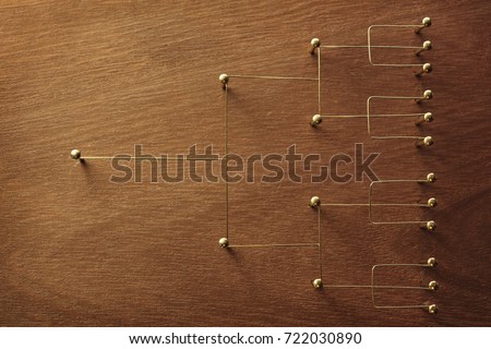 Hierarchy, command chain, company / organization chart, structure or layer and grouping concept image. Top down structure made from gold wires and nails on rustic wooden surface.