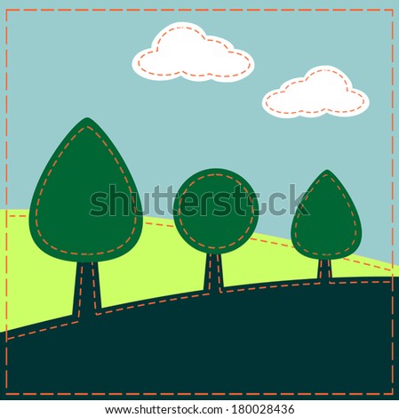 Landscape with trees and clouds. Stitched landscape design