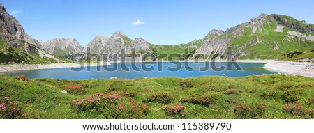 panorama of austrian mountain lake, alpine landscape