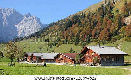 rustic alpine cabins, karwendel, austrian landscape