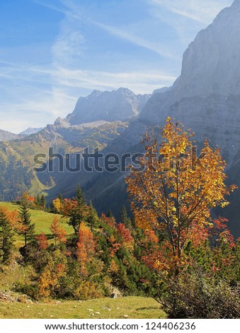 panoramic view at karwendel valley, autumnal austrian landscape