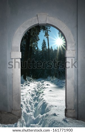 view through arched gate to wintry forest with bright sunshine