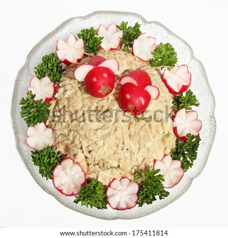 Delicious tuna dip, decorated with garden radish and parsley