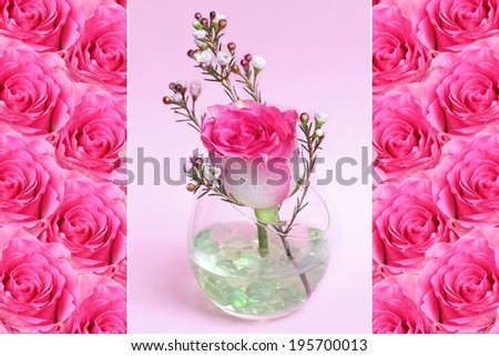 Triple - pink fresh roses and glass bowl with one rose