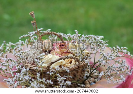 flower basket with dried blossoms, decoration vintage style