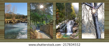 Collage - four seasons on wooden board background. river at springtime, sunny path through olive grove, mountain brook with cascades, snow covered tree with sunburst.