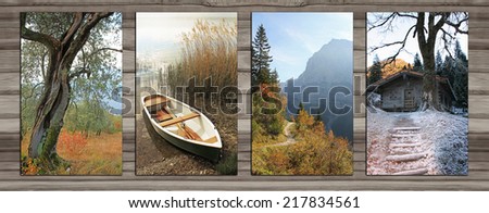 Collage - four seasons on wooden board background. gnarled tree, lonely boat, autumnal hiking trail in the alps, wooden cabin in winter