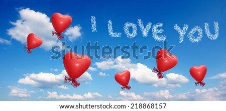 blue sky with red balloon hearts and I love you message