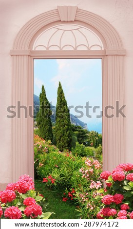 view through arched door, mediterranean landscape with hydrangeas