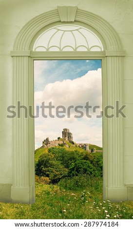view through arched door, landscape with old castle