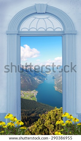 view through arched door, lake view in the bavarian alps