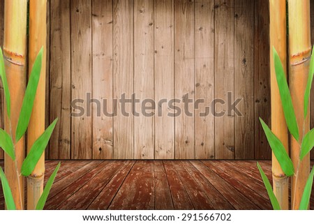 rustic room design with bamboo cane and wooden floor, spotlight.