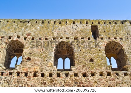 Wall of old castle Smederevo with double-arched windows. Fortress was built by Despot Djuradj Brankovic between 1427 and 1430.