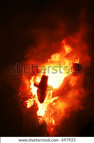 Houses Of Parliament Burn, flames burst through Clock face. Guy Fawkes  clutching Bomb on  Bonfire