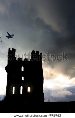 Haunted Tower with birds  settling on Turrets under a stormy nights sky.