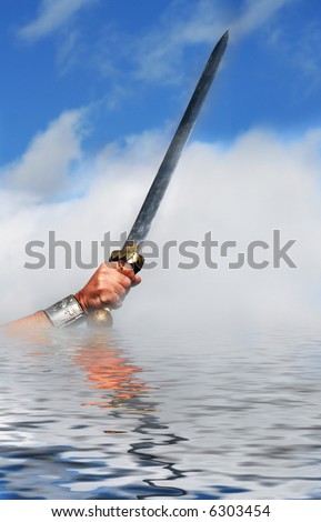 Roman sword raised to Victory. With reflection, mist on Water and plenty of Text space