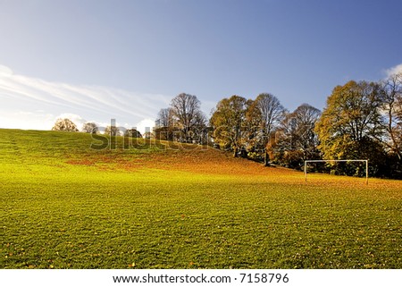 Wide Angle capture with stunning light and Color on abandoned public playing field with Goal Posts covered with leaves on a bright cold day during November in Northumberland, England.