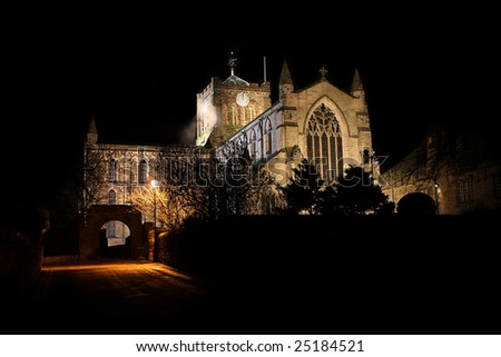The Famous Hexham Abby in Northumberland, England on the stroke of Midnight