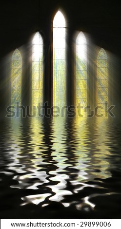 Seeing the light, nature and belief concept as shafts of sunshine stream through stained glass window with reflection on Water