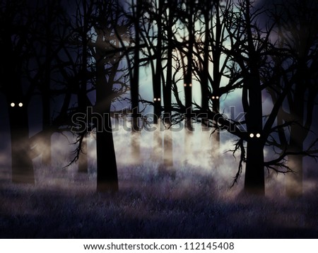 Abstract illustration of spooky foggy forest at halloween night.