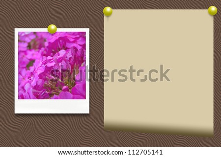 Illustration of an old photo of flowers and paper on wooden wall
