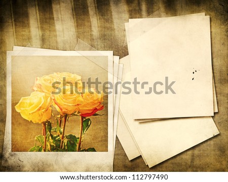 Grunge yellow roses and piano vintage background.