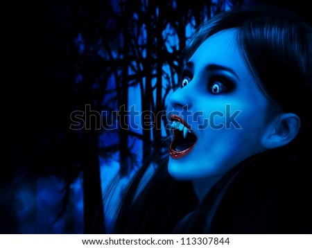 Illustration of 3d rendered vampire girl in dark forest.