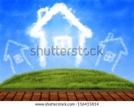 Illustration of wooden terrace, green grass and blue sky.
