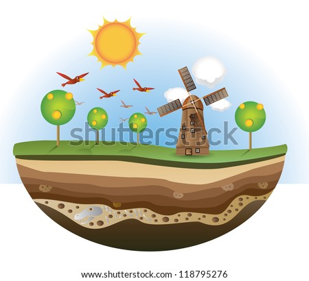 Illustration of wind mill and tree on the island, soil section.