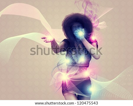 Illustration of a girl blowing magic sparks background.
