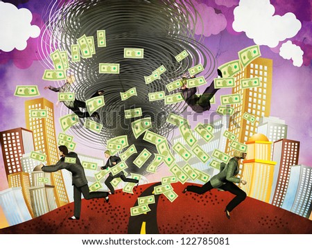 Illustration of abstract financial crisis as big tornado and business people background.