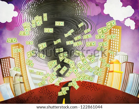Illustration of abstract financial crisis as big tornado grunge background.