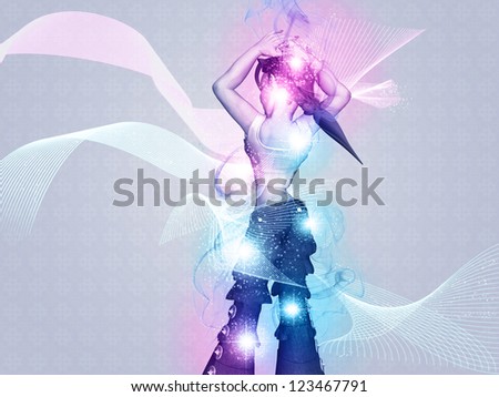Illustration of 3d girl dancer with light effects background.