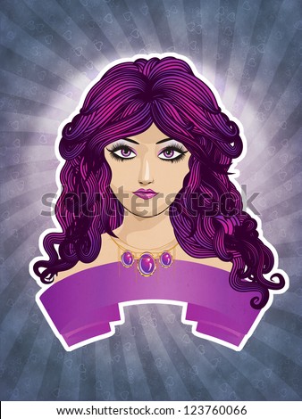Illustration of a girl with purple hair and ribbon on colorful background.